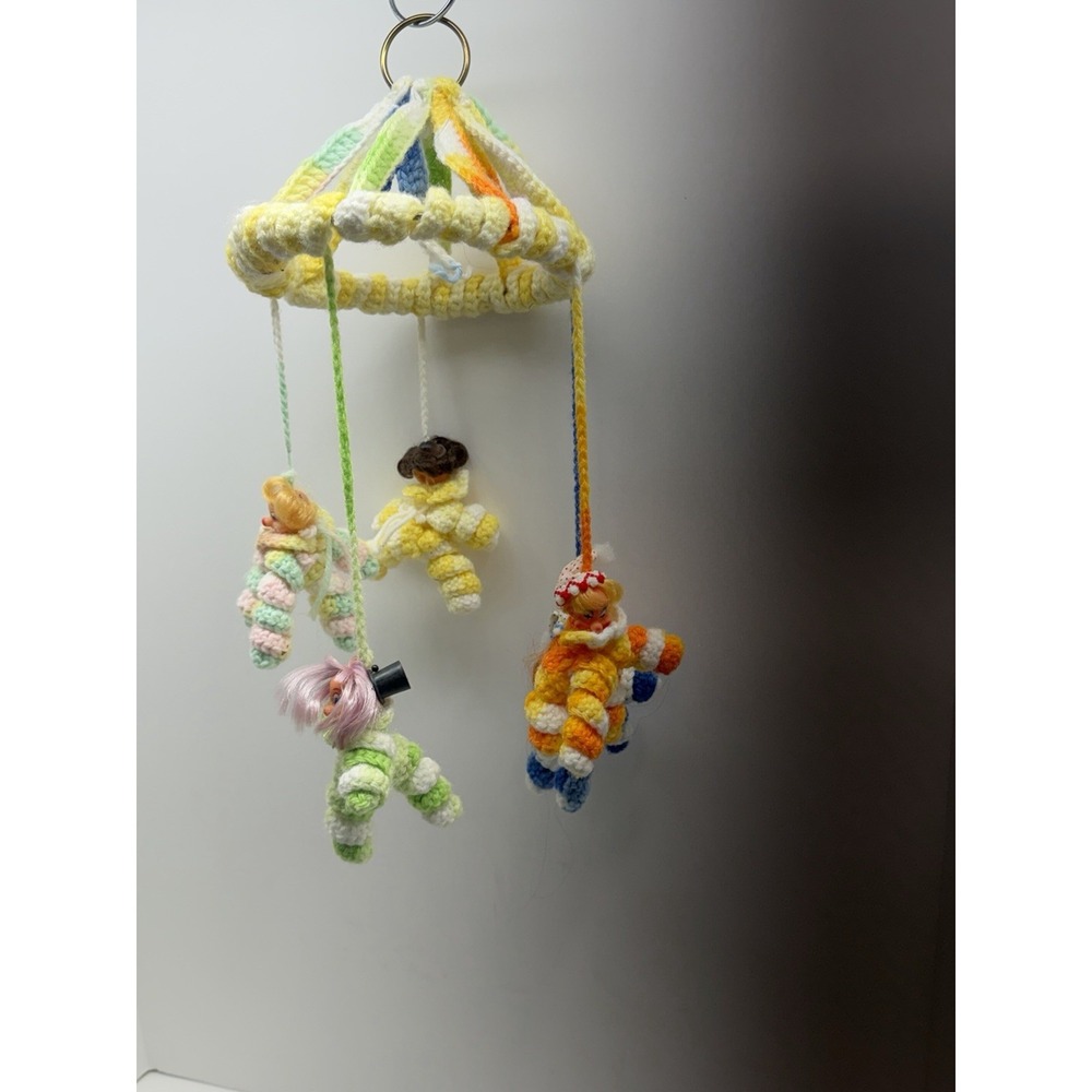 Vintage Crocheted Clowns Mobile Circus Five Clowns & Bells 1970s Retro Handmade